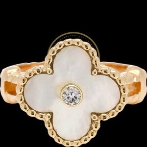 VAN CLEEF & ARPELS 18K YELLOW GOLD DIAMOND MOTHER OF PEARL VINTAGE ALHAMBRA RING